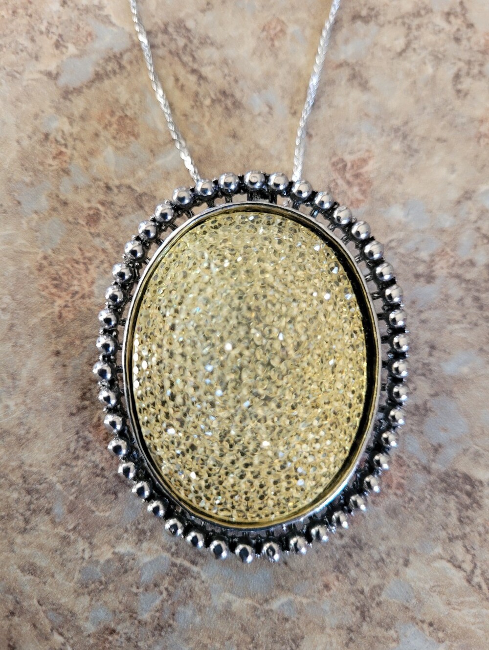 Elegant Silver-ToneYellow Crystal Oval Pendant Necklace